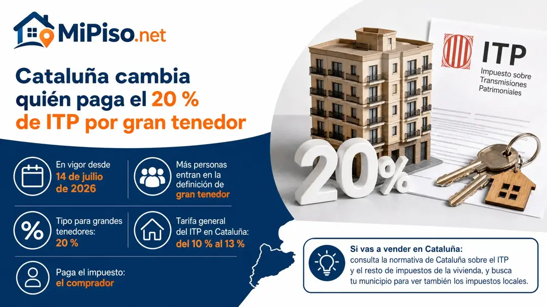 La Ley 11/2026 amplía la definición de gran tenedor para el ITP del 20 % en Cataluña desde el 14 de julio de 2026. Qué cambia y por qué importa si vendes.
