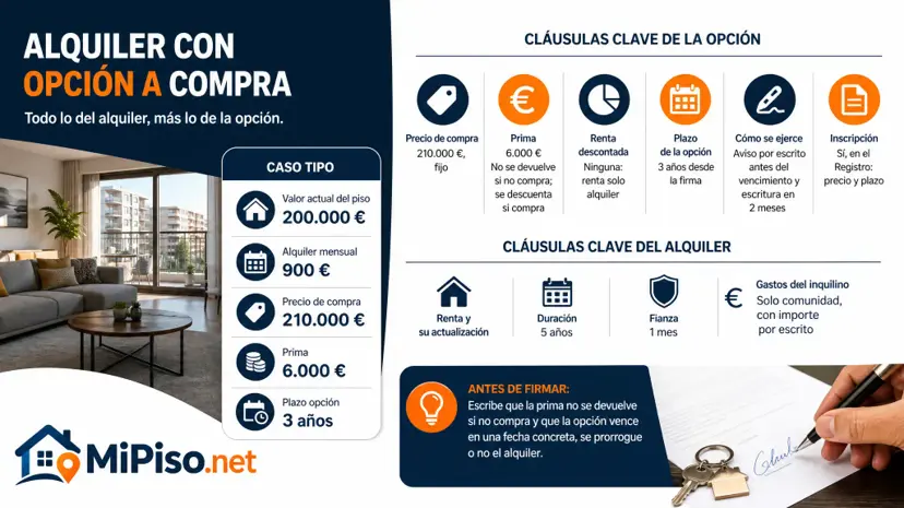 El precio y cómo se actualiza, la prima y si se devuelve, qué renta se descuenta, el plazo, cómo se ejerce y si se inscribe. Las cláusulas, con un caso.