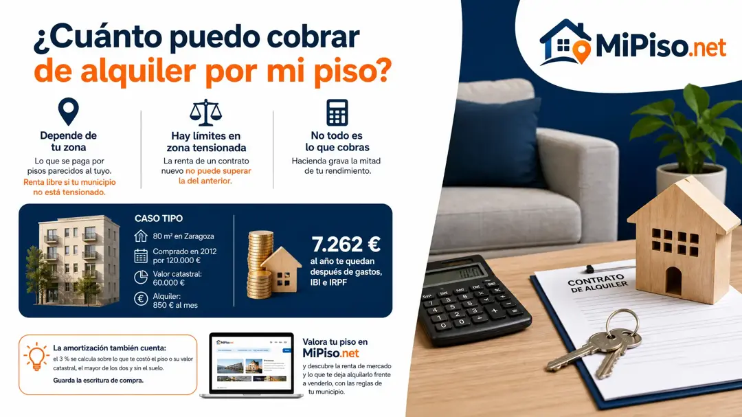Lo que paguen por pisos parecidos en tu zona, salvo en zona tensionada, donde manda el contrato anterior. Y de lo que cobres, Hacienda se lleva una parte.