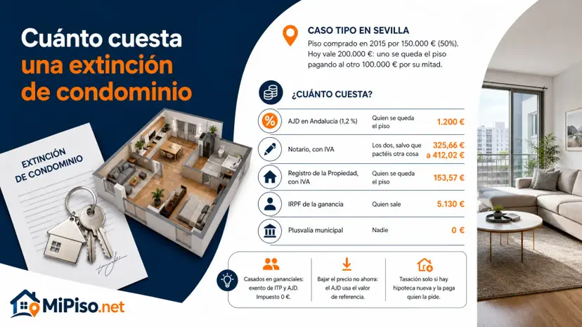 El gasto mayor es el AJD de la mitad que compras, del 0,5 % al 1,5 % según la comunidad; notario y Registro cobran por arancel, y quien sale paga solo su IRPF.