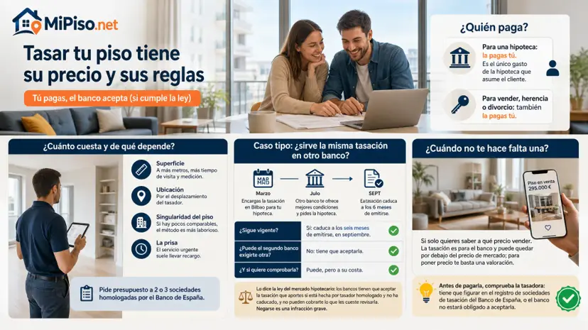 No hay tarifa oficial: cada tasadora fija su precio. Quién la paga si pides hipoteca, por qué no tienes que pagarla dos veces y cuándo no te hace falta una.