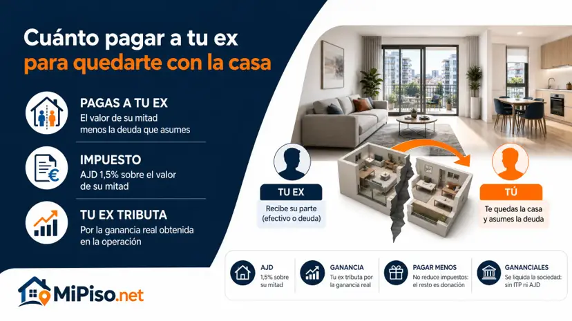 Lo que vale su mitad menos la parte de la hipoteca que asumes por él. Bajar la compensación no ahorra impuestos: lo que no le pagas tributa como donación.