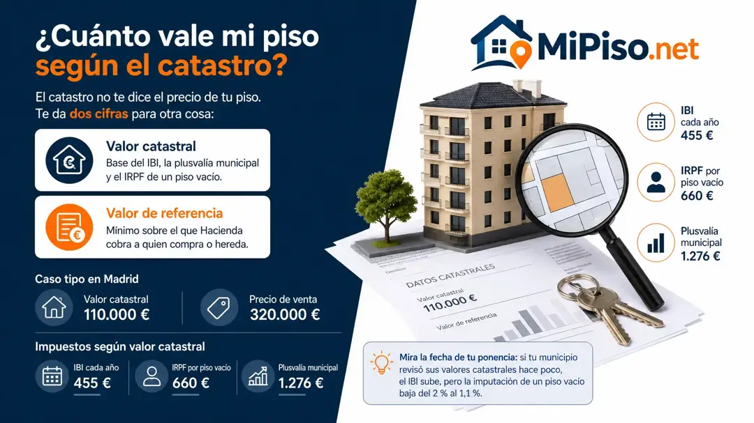 Es la cifra en euros sobre la que pagas el IBI y la plusvalía municipal, y no es su precio. Viene en tu recibo del IBI; un caso en Madrid con lo que te cuesta.