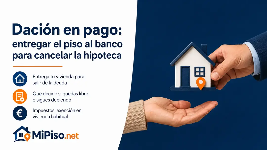La dación en pago entrega tu piso al banco para cancelar la hipoteca. Cuándo te deja sin deuda, cuándo debe aceptarla el banco y qué impuestos paga.