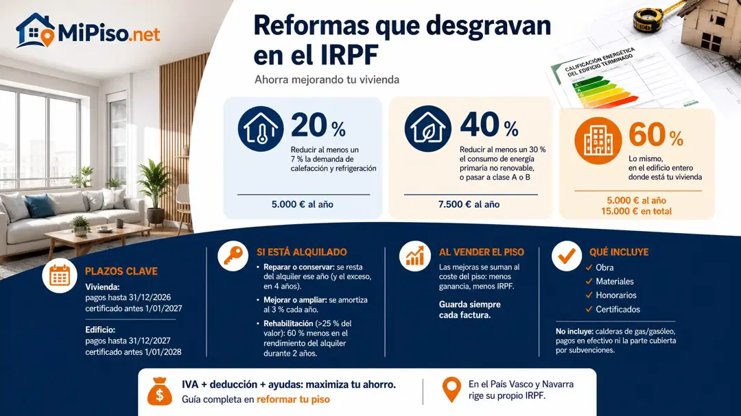 Las que mejoran la eficiencia energética: 20 %, 40 % o 60 % de lo pagado. Si alquilas, reparar se deduce y mejorar se amortiza. Plazos y certificados.