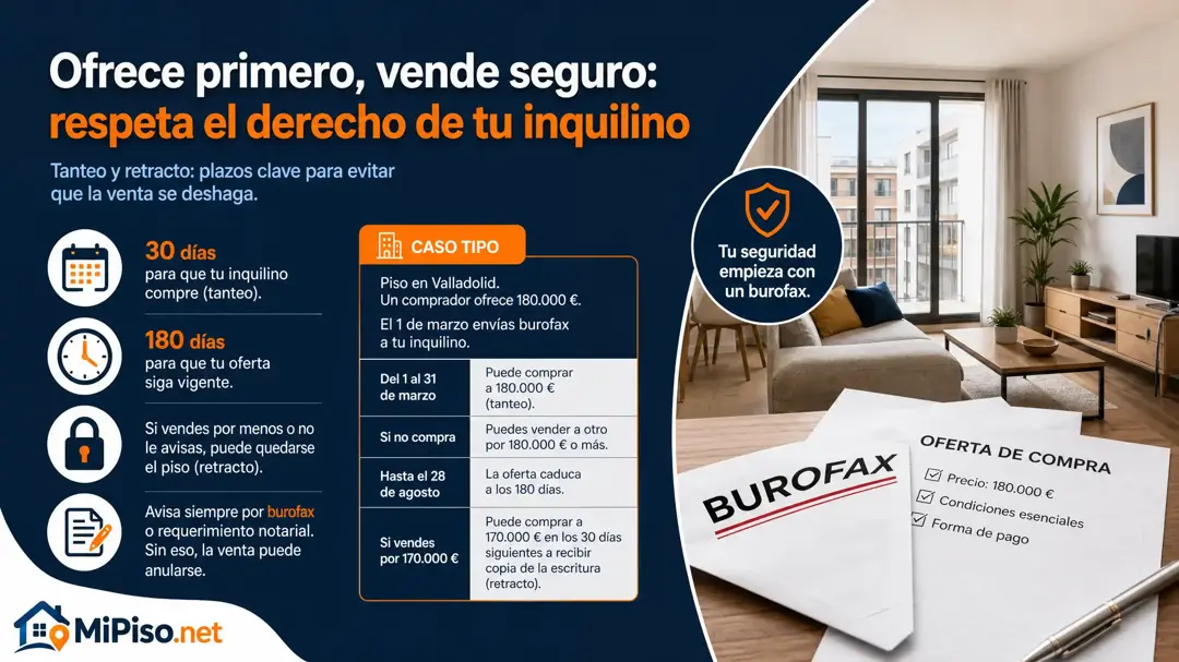 Antes de vender a otro, tu inquilino puede comprar al mismo precio. Plazos, cómo avisarle, qué pasa si vendes más barato y por qué ya no vale la renuncia.