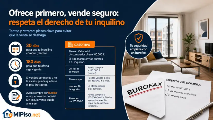 Antes de vender a otro, tu inquilino puede comprar al mismo precio. Plazos, cómo avisarle, qué pasa si vendes más barato y por qué ya no vale la renuncia.