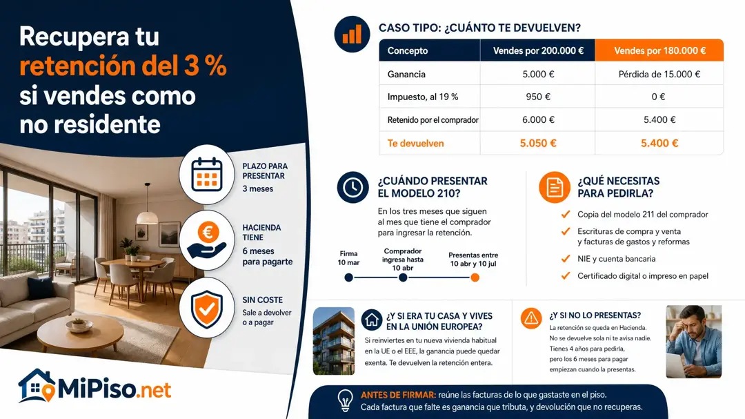 La retención del comprador es un adelanto: con poca ganancia o con pérdida, se recupera con el modelo 210. Plazo, papeles y un caso en Alicante con la cuenta.