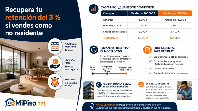La retención del comprador es un adelanto: con poca ganancia o con pérdida, se recupera con el modelo 210. Plazo, papeles y un caso en Alicante con la cuenta.