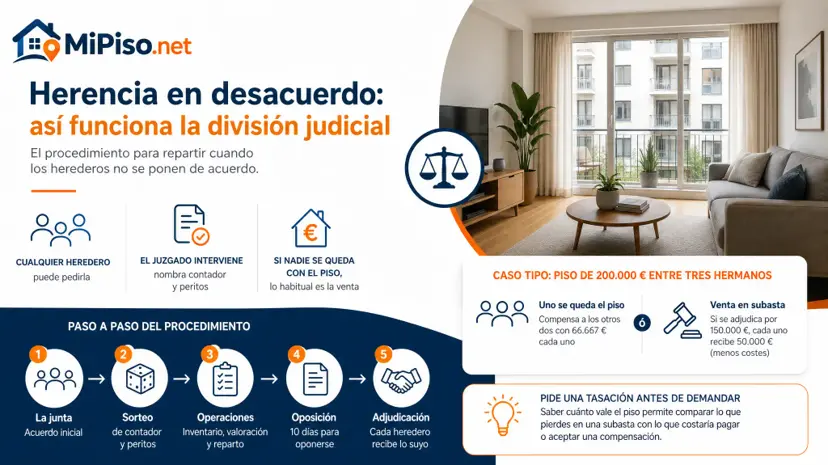 Quién puede pedir la división judicial de una herencia, cómo se reparte paso a paso, qué pasa con un piso que nadie quiere y la alternativa del notario.