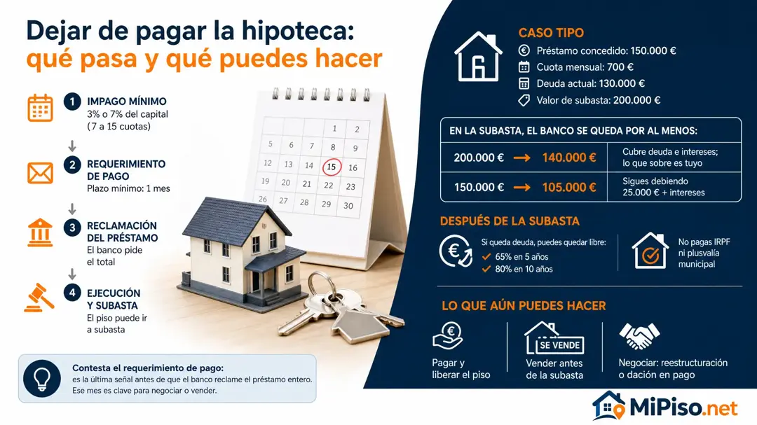 Cuántas cuotas impagadas permiten al banco reclamarlo todo, por cuánto puede quedarse tu piso en la subasta y cómo librarte de la deuda que quede.