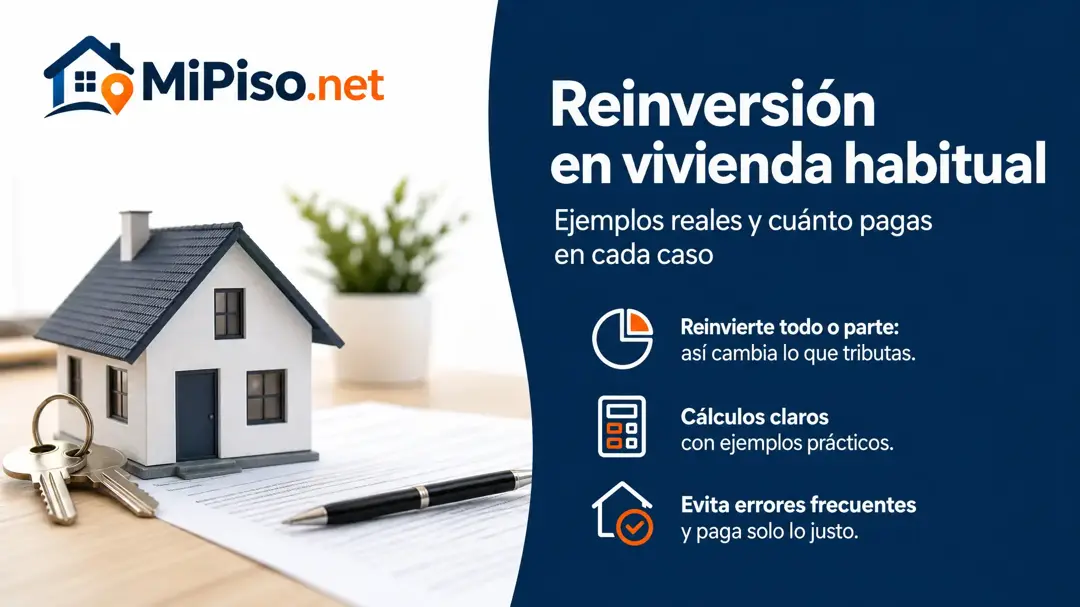 Cuatro ejemplos de la exención por reinversión, con la cuenta hecha: reinvertir todo, solo una parte, vender un piso con hipoteca y comprar antes de vender.