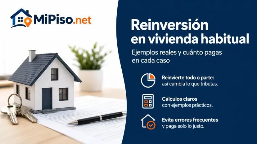 Cuatro ejemplos de la exención por reinversión, con la cuenta hecha: reinvertir todo, solo una parte, vender un piso con hipoteca y comprar antes de vender.