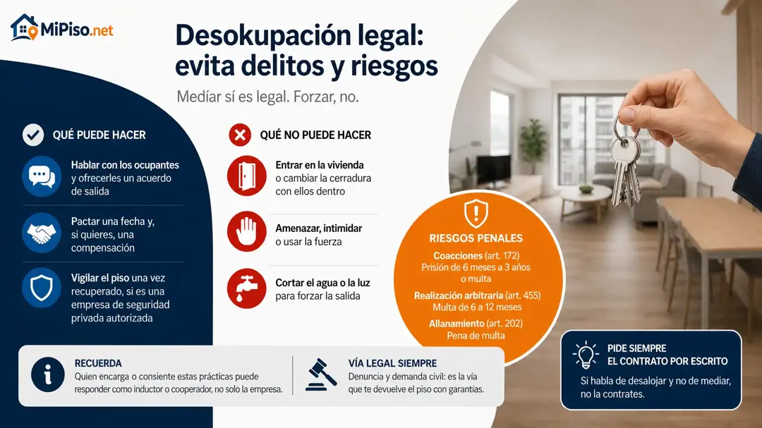 Contratarla es legal si sólo media y negocia. Si amenaza, fuerza la puerta o corta suministros, comete un delito y tú puedes responder con ella. Qué vigilar.