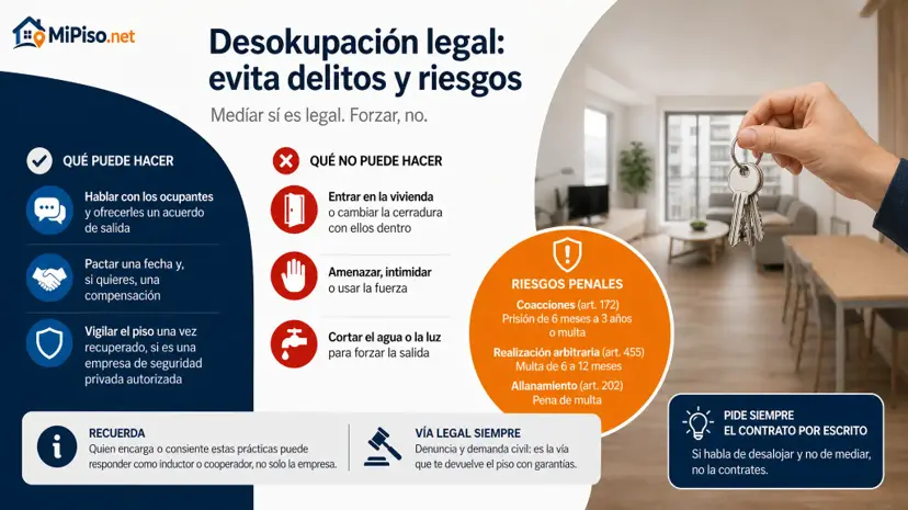 Contratarla es legal si sólo media y negocia. Si amenaza, fuerza la puerta o corta suministros, comete un delito y tú puedes responder con ella. Qué vigilar.