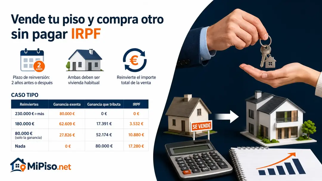 Si vendes tu vivienda habitual y compras otra, la ganancia queda exenta del IRPF si reinviertes todo lo que cobras en dos años. Requisitos, plazo y un caso.
