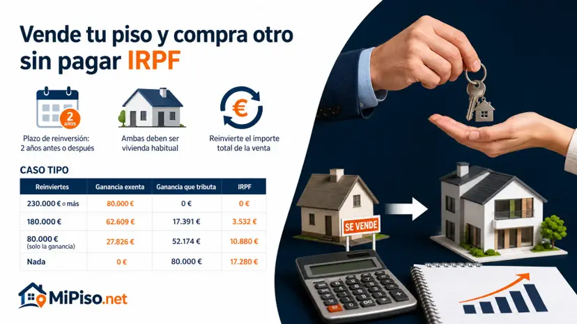 Si vendes tu vivienda habitual y compras otra, la ganancia queda exenta del IRPF si reinviertes todo lo que cobras en dos años. Requisitos, plazo y un caso.
