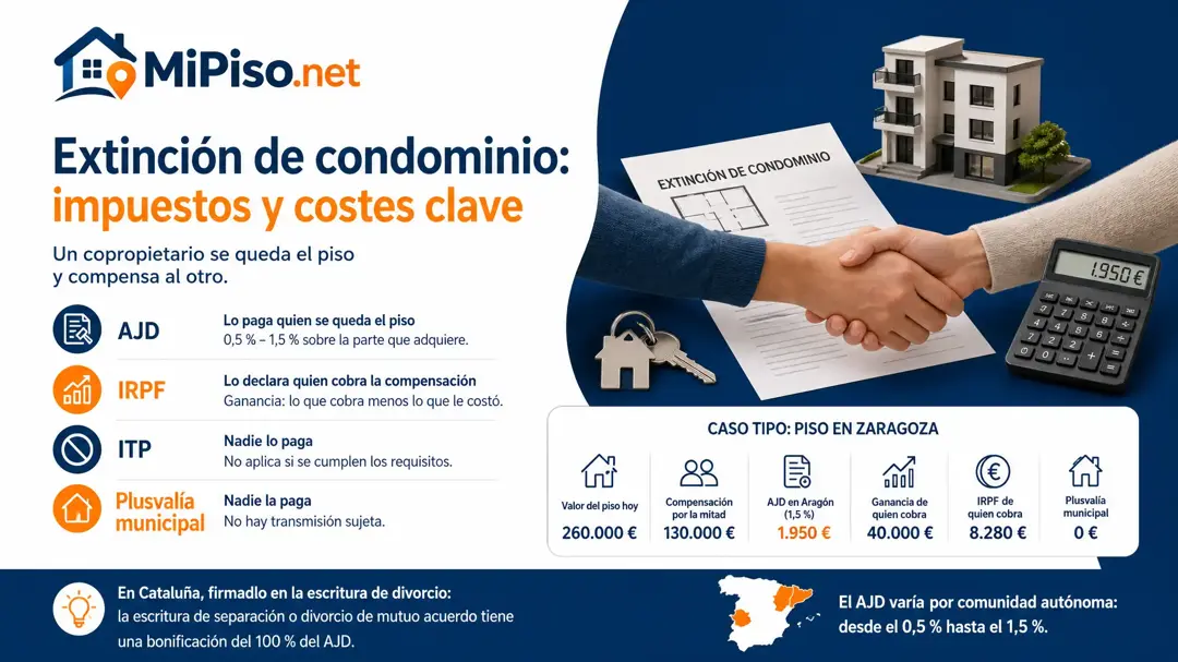 Quien se queda el piso paga AJD sobre la parte que compra, del 0,5 % al 1,5 % según la comunidad; quien cobra declara la ganancia en el IRPF. Sin plusvalía.