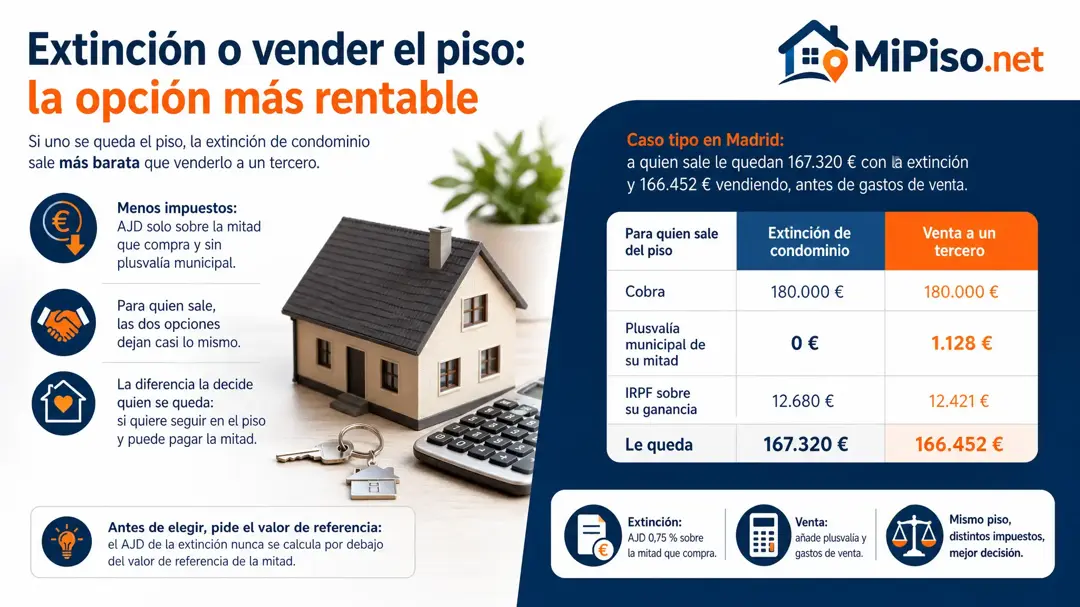 Si uno se queda el piso, la extinción sale más barata: AJD solo sobre la mitad y sin plusvalía. Vender a un tercero suma plusvalía y gastos de venta a los dos.