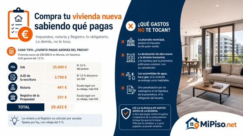 IVA, AJD, notaría y Registro, con la cuenta de una vivienda de 250.000 € en Murcia, y los gastos que la promotora no te puede cargar aunque lo diga el contrato.