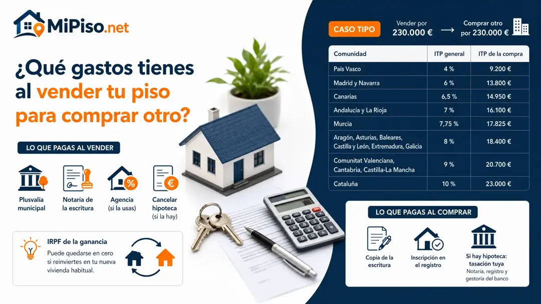Al vender pagas plusvalía, notaría y agencia; al comprar, el ITP de tu comunidad. Un caso con la tabla de cada comunidad y el IRPF que puedes evitar.