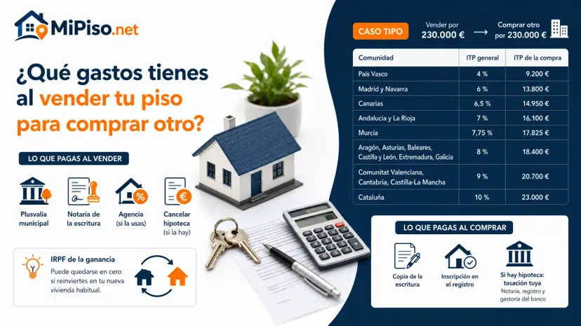 Al vender pagas plusvalía, notaría y agencia; al comprar, el ITP de tu comunidad. Un caso con la tabla de cada comunidad y el IRPF que puedes evitar.
