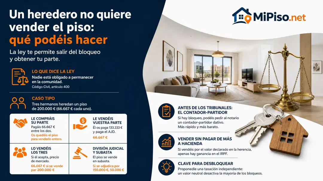 Si uno de los herederos se niega a vender, no puede bloquearlo para siempre. Comprarle su parte, venderle la vuestra o la división judicial, con cifras.