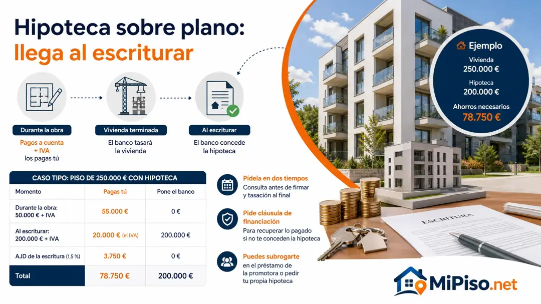 La hipoteca de un piso sobre plano se firma al escriturar: los pagos a cuenta y su IVA salen de tus ahorros. Cuánto necesitas y cuándo pedirla.