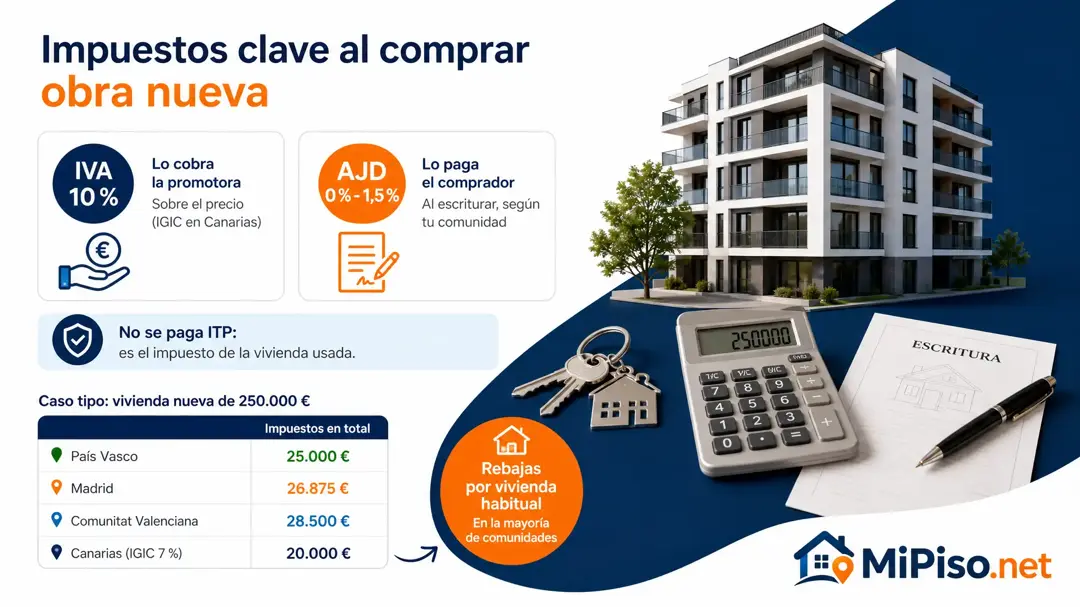 Una vivienda nueva paga el 10 % de IVA y, al escriturar, el AJD de tu comunidad, del 0 % al 1,5 %, con rebajas si es tu vivienda habitual. Tabla por comunidad.