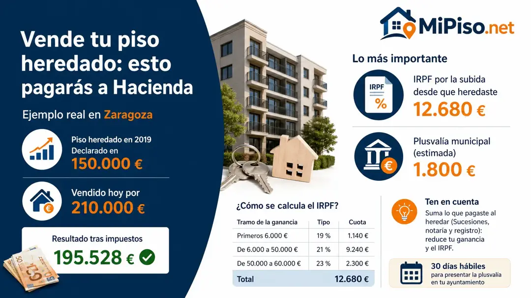 Pagas IRPF solo por lo que el piso subió desde la herencia, del 19 al 30 %, más la plusvalía municipal de tus años. Lo que pagaron tus padres no cuenta.