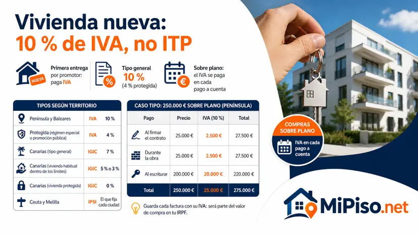 Una vivienda nueva comprada a su promotor paga el 10 % de IVA, no ITP; el 4 % si es protegida. Sobre plano, el IVA se paga con cada pago a cuenta.