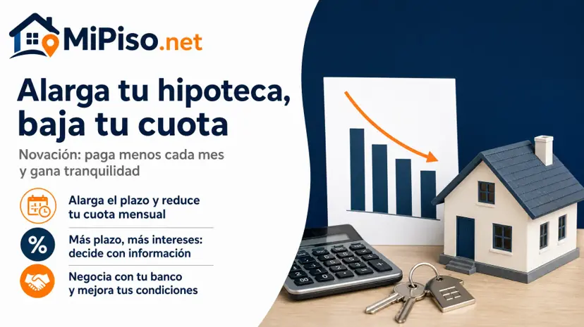 La novación cambia el plazo, el interés o añade una carencia sin cancelar la hipoteca. Cuánto baja la cuota, cuánto más pagas y cuándo debe aceptarla el banco.
