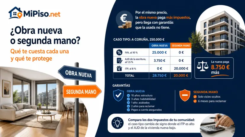 La obra nueva paga IVA y AJD; la usada, ITP. Un caso en Galicia con la diferencia en euros, las garantías de cada una y cuándo compensa pagar más por la nueva.