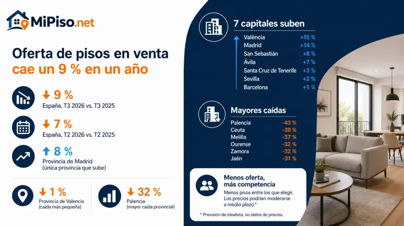 La oferta de viviendas en venta cayó un 9 % en el tercer trimestre de 2026 (idealista). Dónde sube, dónde baja y qué supone si compras o vendes.