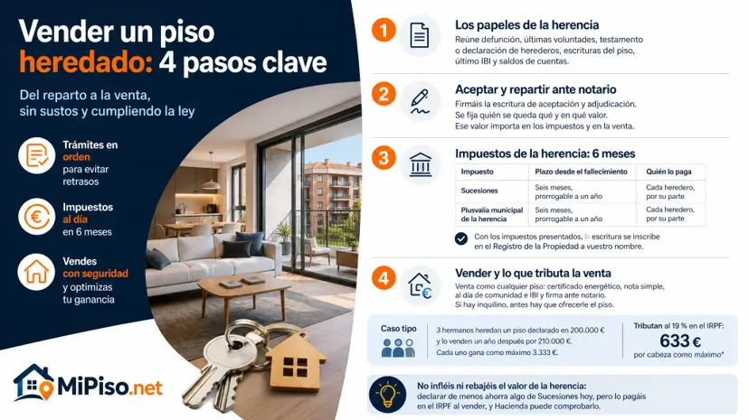 Los pasos para vender un piso heredado: papeles, aceptación ante notario, Sucesiones y plusvalía en seis meses, Registro, venta y lo que tributa al final.