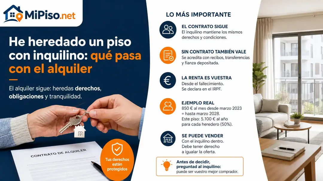 Si heredas un piso alquilado, el contrato sigue aunque no esté por escrito. Qué cambia para los herederos, la renta en el IRPF y cómo vender con inquilino.