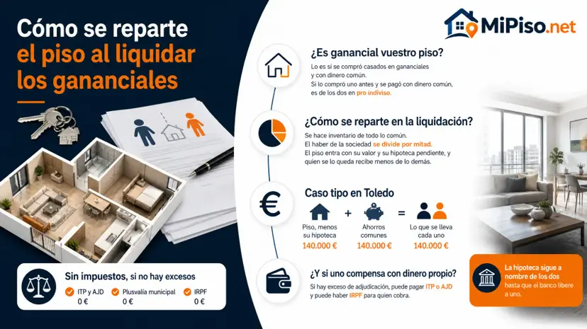 Se reparte con los demás bienes comunes, mitad para cada uno. Adjudicarlo a uno está exento de ITP y AJD y sin plusvalía; con dinero propio cambia la cuenta.