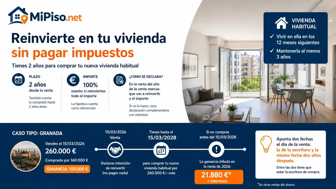 Dos años desde la venta, o los dos años anteriores si compraste primero. Cómo se declara la intención de reinvertir y qué pasa si se te pasa el plazo.
