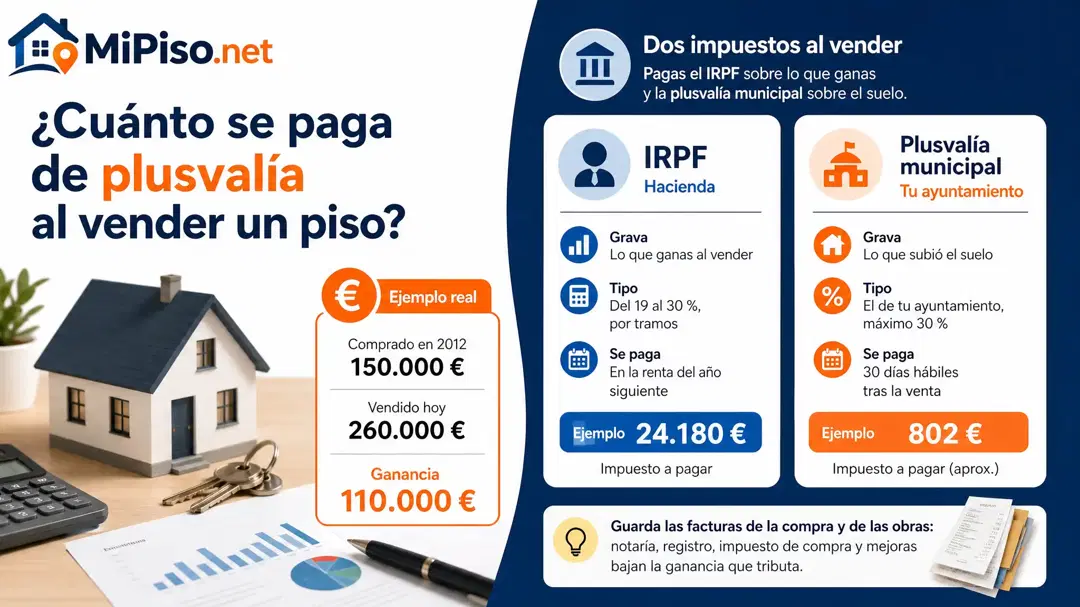 Al vender pagas dos impuestos: el IRPF sobre la ganancia, del 19 al 30 %, y la plusvalía municipal sobre el suelo, que paga el vendedor en 30 días hábiles.