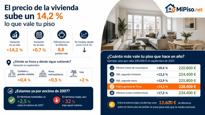 El precio de la vivienda subió un 14,2 % en un año hasta septiembre de 2026 (+0,7 % en el mes). Lo que supone para el valor de tu piso si vas a vender.