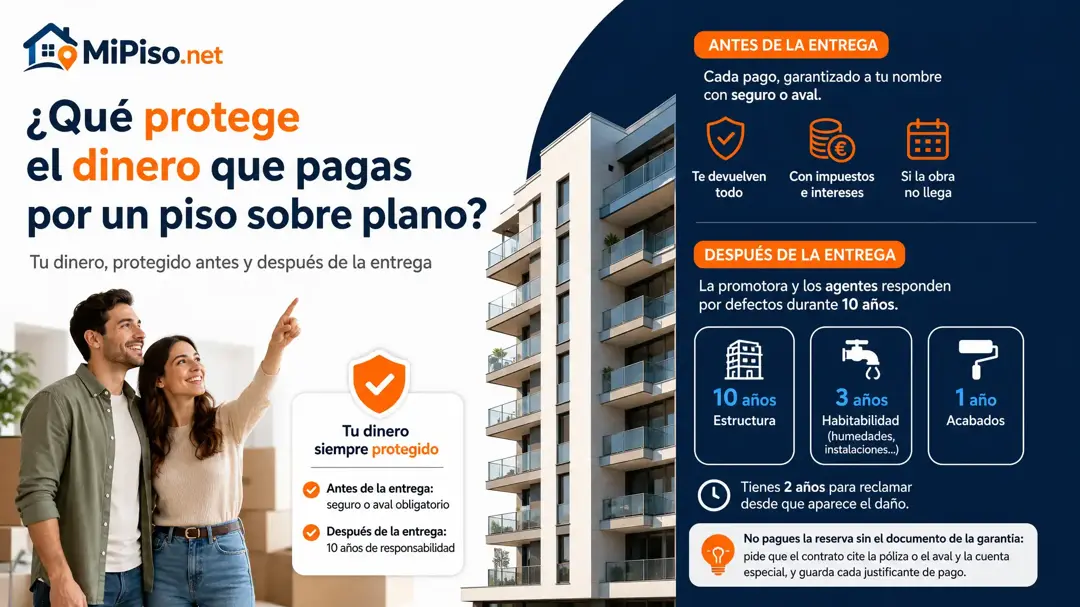 Antes de la entrega, un seguro o aval a tu nombre te devuelve todo con intereses; después, diez años de garantía. Un caso en Valencia y qué hacer si se retrasa.