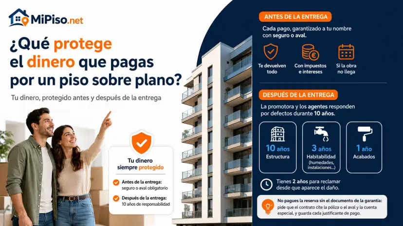 Antes de la entrega, un seguro o aval a tu nombre te devuelve todo con intereses; después, diez años de garantía. Un caso en Valencia y qué hacer si se retrasa.
