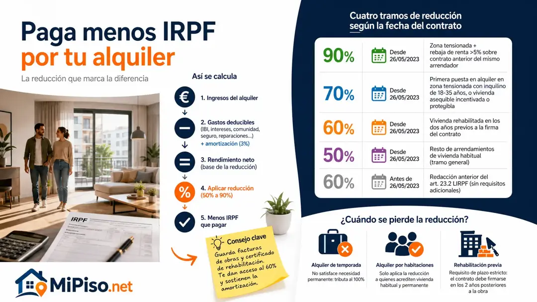 Va del 50% al 90% según la fecha del contrato, y solo la aplica el alquiler de vivienda habitual.