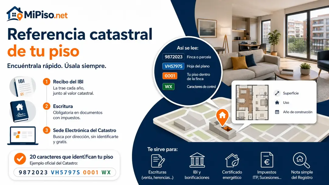 Es el código de 20 caracteres que identifica tu piso en el Catastro. Está en tu recibo del IBI, en la escritura y en la Sede Electrónica del Catastro.