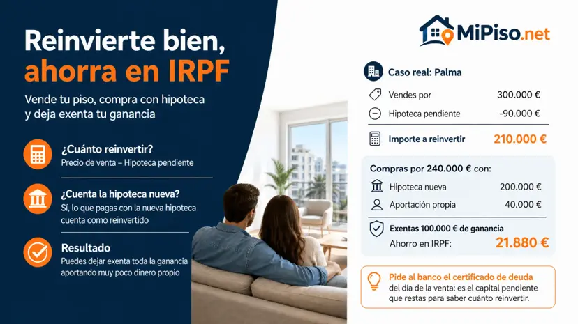 La hipoteca que quedaba en el piso que vendes rebaja lo que debes reinvertir, y lo pagado con la hipoteca nueva cuenta como reinvertido. Un caso en Palma.