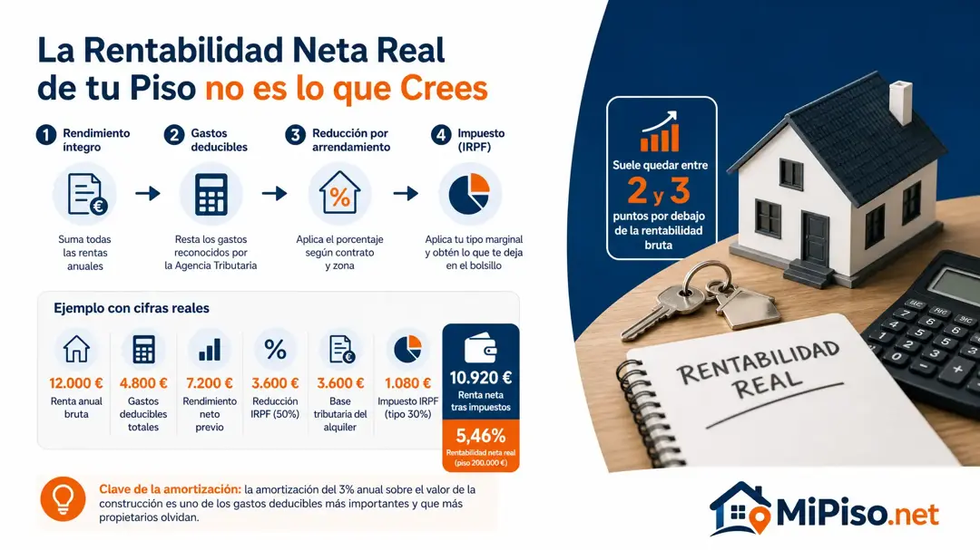 Cuatro pasos: ingresos, gastos deducibles, reducción del IRPF y tipo marginal. La neta suele quedar entre dos y tres puntos por debajo de la bruta.
