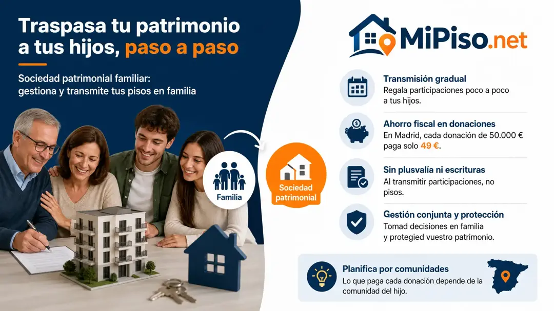 Una sociedad de la familia que tiene sus pisos para gestionarlos y traspasarlos por participaciones. Tributa como patrimonial y sin la reducción del 95 %.