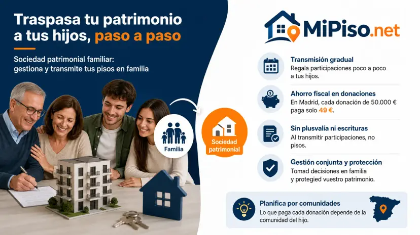 Una sociedad de la familia que tiene sus pisos para gestionarlos y traspasarlos por participaciones. Tributa como patrimonial y sin la reducción del 95 %.