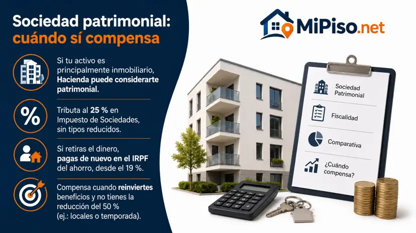 Una SL con pisos alquilados sin empleado es patrimonial: paga el 25 % de Sociedades sin tipos reducidos y otra vez al repartir dividendos. Cuándo compensa.