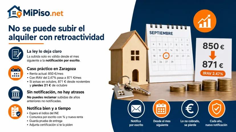 No. La subida anual del alquiler se cobra desde el mes siguiente a avisar por escrito al inquilino, y los meses pagados con la renta antigua no se reclaman.